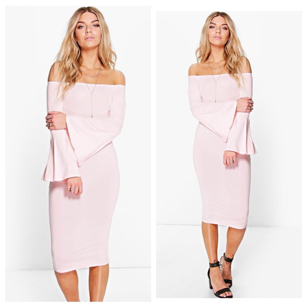 Pink Off Shoulder Flare Sleeve Dress 🌸